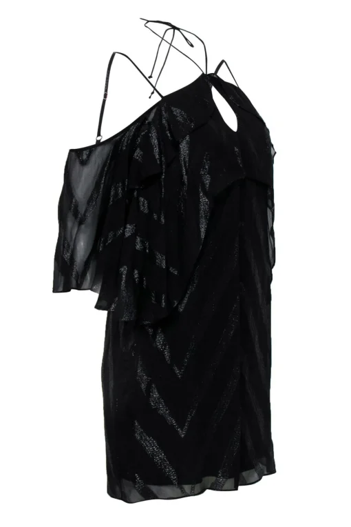 Ella Moss - Black Cold-Shoulder Metallic Striped Ruffle Dress Sz S