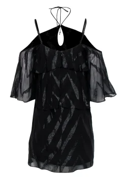 Ella Moss - Black Cold-Shoulder Metallic Striped Ruffle Dress Sz S