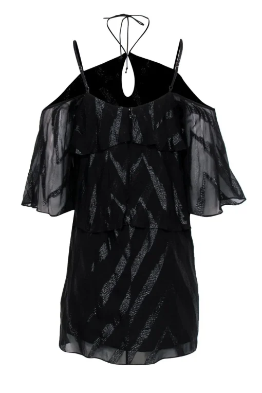 Ella Moss - Black Cold-Shoulder Metallic Striped Ruffle Dress Sz S