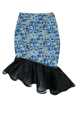 Elliatt - Blue Floral Embroidered Midi Skirt w/ Mesh & Ruffles Sz XS