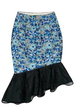 Elliatt - Blue Floral Embroidered Midi Skirt w/ Mesh & Ruffles Sz XS