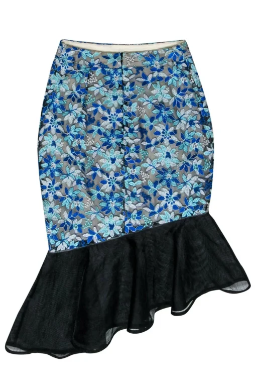 Elliatt - Blue Floral Embroidered Midi Skirt w/ Mesh & Ruffles Sz XS