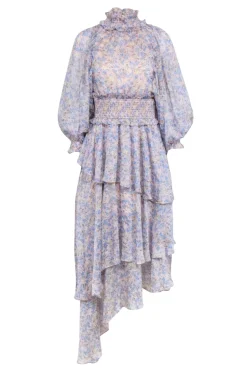 Elliatt - Light Pink w/ Blue Floral Print Tiered Maxi Dress Sz S