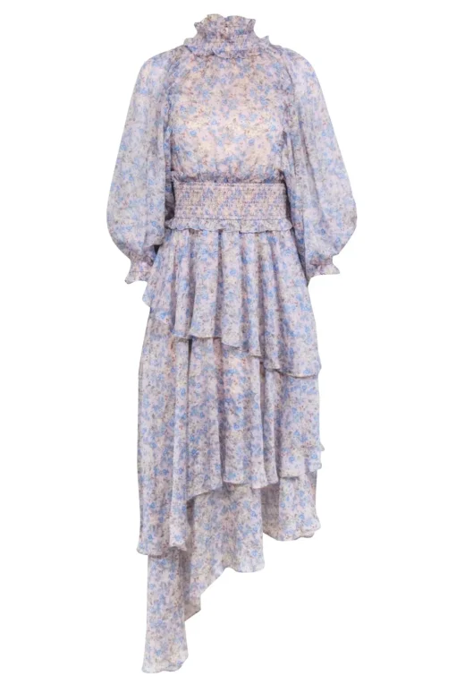 Elliatt - Light Pink w/ Blue Floral Print Tiered Maxi Dress Sz S