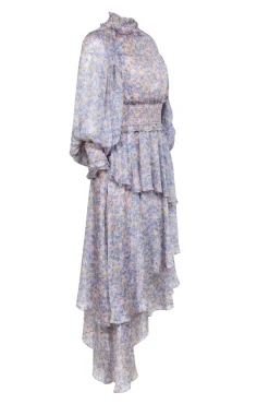 Elliatt - Light Pink w/ Blue Floral Print Tiered Maxi Dress Sz S