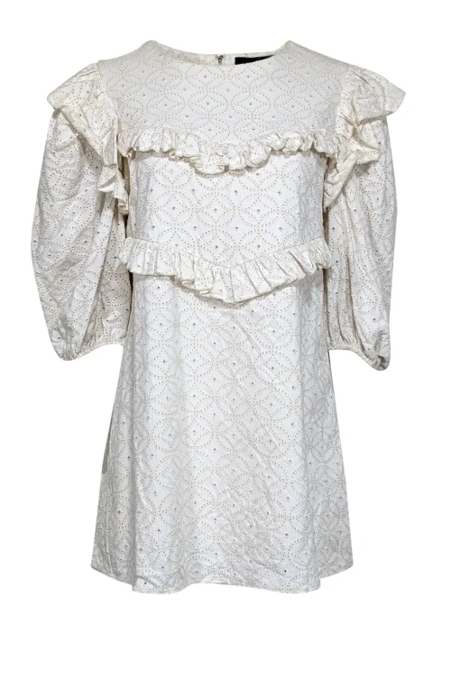 En Saison - Cream Long Sleeve Eyelet Mini w/ Ruffle Details Dress Sz L