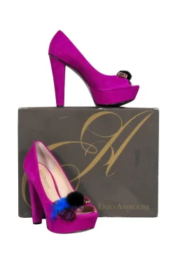 Enzo Angiolini - Magenta Suede Peep Toe Platform Pumps w/ Feathers & Rhinestones Sz 5.5