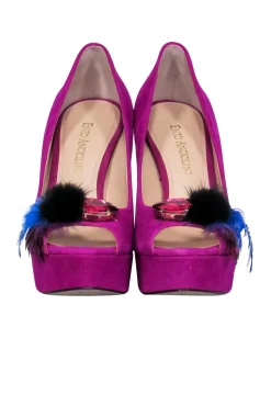 Enzo Angiolini - Magenta Suede Peep Toe Platform Pumps w/ Feathers & Rhinestones Sz 5.5