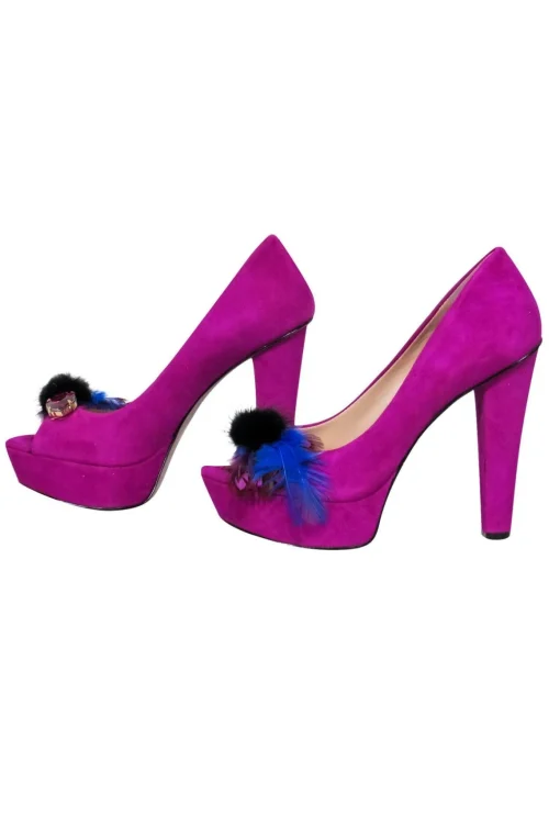 Enzo Angiolini - Magenta Suede Peep Toe Platform Pumps w/ Feathers & Rhinestones Sz 5.5