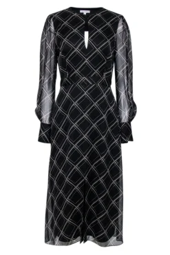 Equipment - Black & Beige Abstract Print Long Sleeve Midi Dress Sz 6