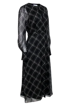 Equipment - Black & Beige Abstract Print Long Sleeve Midi Dress Sz 6