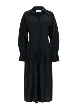 Equipment - Black Silk Pleated Midi Dress w/ Flared Sleeves Sz 6