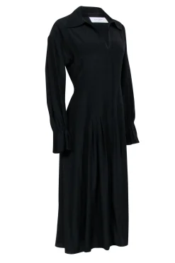 Equipment - Black Silk Pleated Midi Dress w/ Flared Sleeves Sz 6