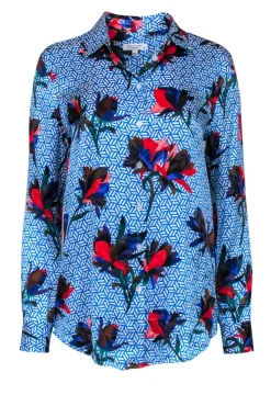 Equipment - Blue Floral Print Button-Up Silk Shirt Sz S