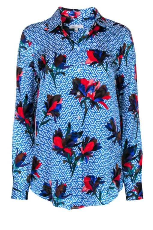 Equipment - Blue Floral Print Button-Up Silk Shirt Sz S