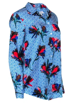 Equipment - Blue Floral Print Button-Up Silk Shirt Sz S