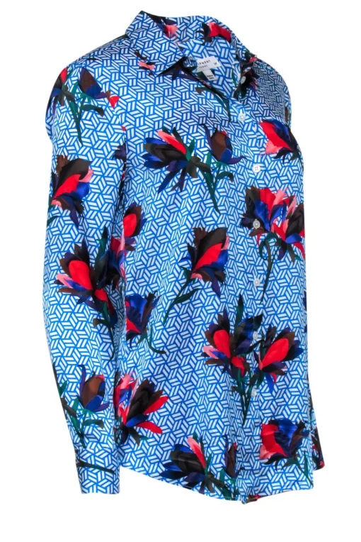 Equipment - Blue Floral Print Button-Up Silk Shirt Sz S