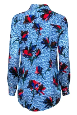 Equipment - Blue Floral Print Button-Up Silk Shirt Sz S