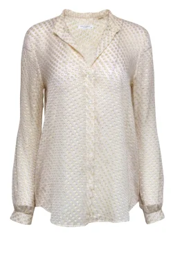 Equipment - Cream & Gold Metallic Polka Dot Long Sleeve Button-Up Sheer Blouse Sz S