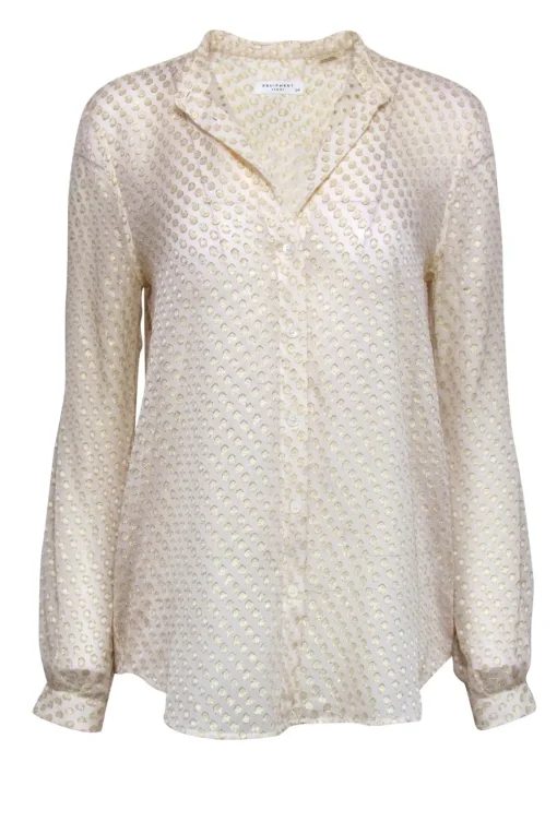 Equipment - Cream & Gold Metallic Polka Dot Long Sleeve Button-Up Sheer Blouse Sz S