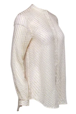 Equipment - Cream & Gold Metallic Polka Dot Long Sleeve Button-Up Sheer Blouse Sz S
