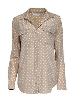 Equipment - Dark Beige & White Polka Dot Print Silk Blouse Sz S