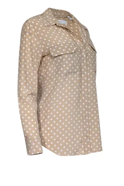 Equipment - Dark Beige & White Polka Dot Print Silk Blouse Sz S