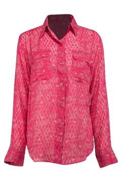 Equipment - Dark Pink & Beige Lace Pattern Silk Blouse Sz S