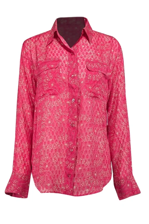 Equipment - Dark Pink & Beige Lace Pattern Silk Blouse Sz S
