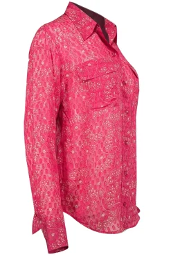 Equipment - Dark Pink & Beige Lace Pattern Silk Blouse Sz S