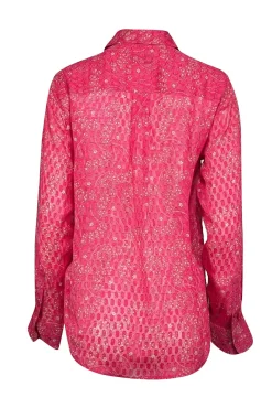 Equipment - Dark Pink & Beige Lace Pattern Silk Blouse Sz S