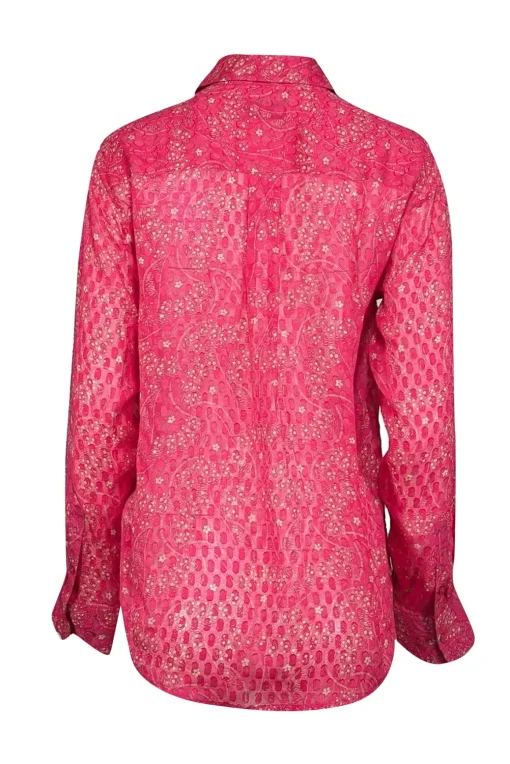 Equipment - Dark Pink & Beige Lace Pattern Silk Blouse Sz S