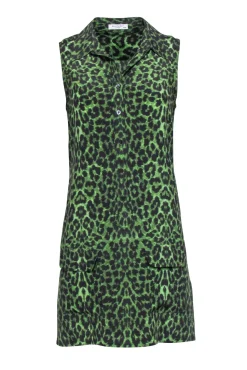 Equipment - Green & Black Leopard Print Silk Sleeveless Button-Up Dress Sz XS