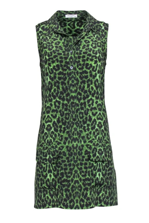 Equipment - Green & Black Leopard Print Silk Sleeveless Button-Up Dress Sz XS