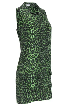 Equipment - Green & Black Leopard Print Silk Sleeveless Button-Up Dress Sz XS