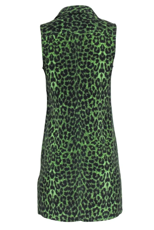 Equipment - Green & Black Leopard Print Silk Sleeveless Button-Up Dress Sz XS