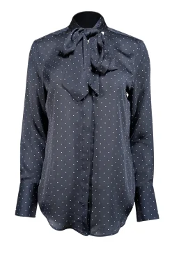 Equipment - Navy Polka Dot Print Satin Tie Neck Blouse Sz S