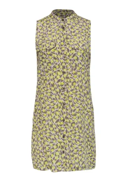 Equipment - Neon Yellow, Grey & White Star Print Button-Up Silk Shift Dress Sz XS