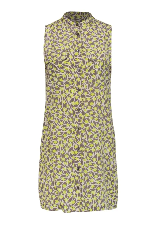 Equipment - Neon Yellow, Grey & White Star Print Button-Up Silk Shift Dress Sz XS