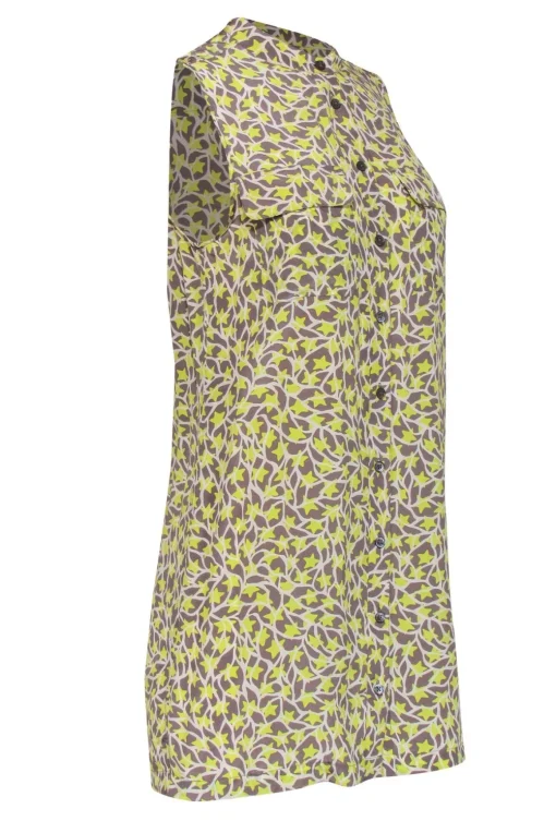 Equipment - Neon Yellow, Grey & White Star Print Button-Up Silk Shift Dress Sz XS