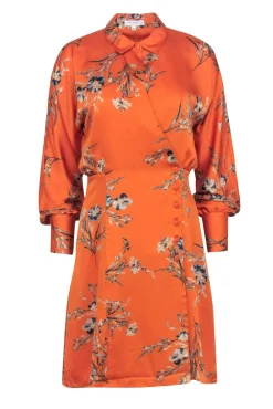 Equipment - Orange w/ Blue Floral Print Satin Wrap Dress Sz S