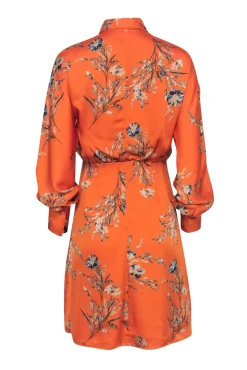 Equipment - Orange w/ Blue Floral Print Satin Wrap Dress Sz S