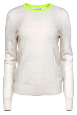 Equipment - White Cable Knit Trimmed Sweater w/ Neon Yellow Neckline Sz S