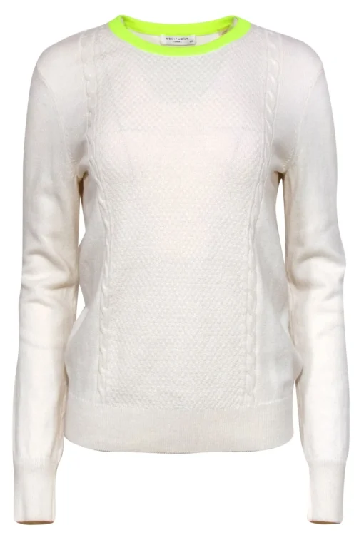 Equipment - White Cable Knit Trimmed Sweater w/ Neon Yellow Neckline Sz S