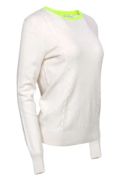 Equipment - White Cable Knit Trimmed Sweater w/ Neon Yellow Neckline Sz S