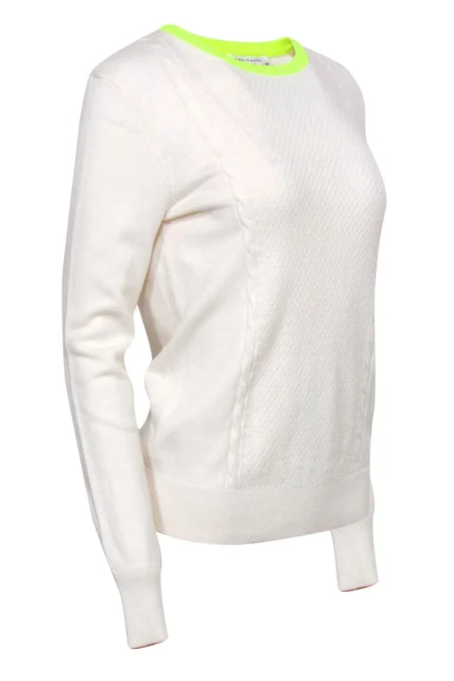 Equipment - White Cable Knit Trimmed Sweater w/ Neon Yellow Neckline Sz S