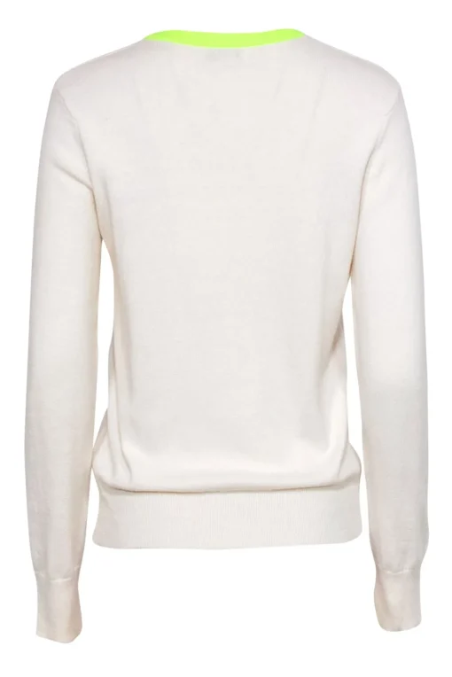 Equipment - White Cable Knit Trimmed Sweater w/ Neon Yellow Neckline Sz S