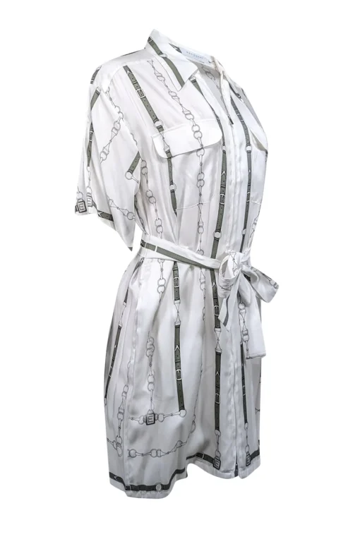 Equipment - White w/ Green Belt Print Silk Blend Zip Front Dress Sz S