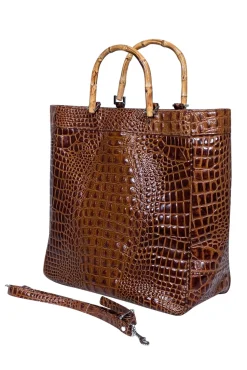Eric Brand - Brown Croc Embossed Tote w/ Bamboo Handles & Detachable Strap