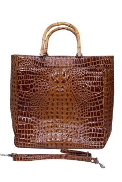 Eric Brand - Brown Croc Embossed Tote w/ Bamboo Handles & Detachable Strap